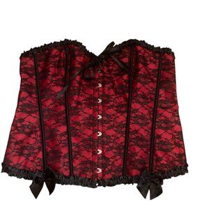 Corset Bustier Red & Black Lace Ruffle Trim Bow Accents Hook Front Closure Sz 6X